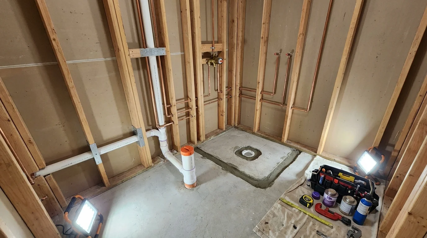 Bathroom rough-in plumbing during remodel by Johns Plumbing LLC in Kissee Mills