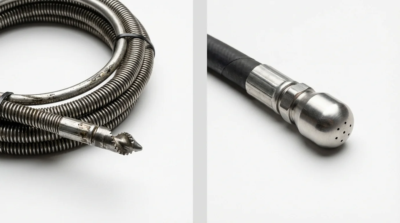 Drain snake cable and hydro jetting nozzle used for drain cleaning in Kissee Mills, MO