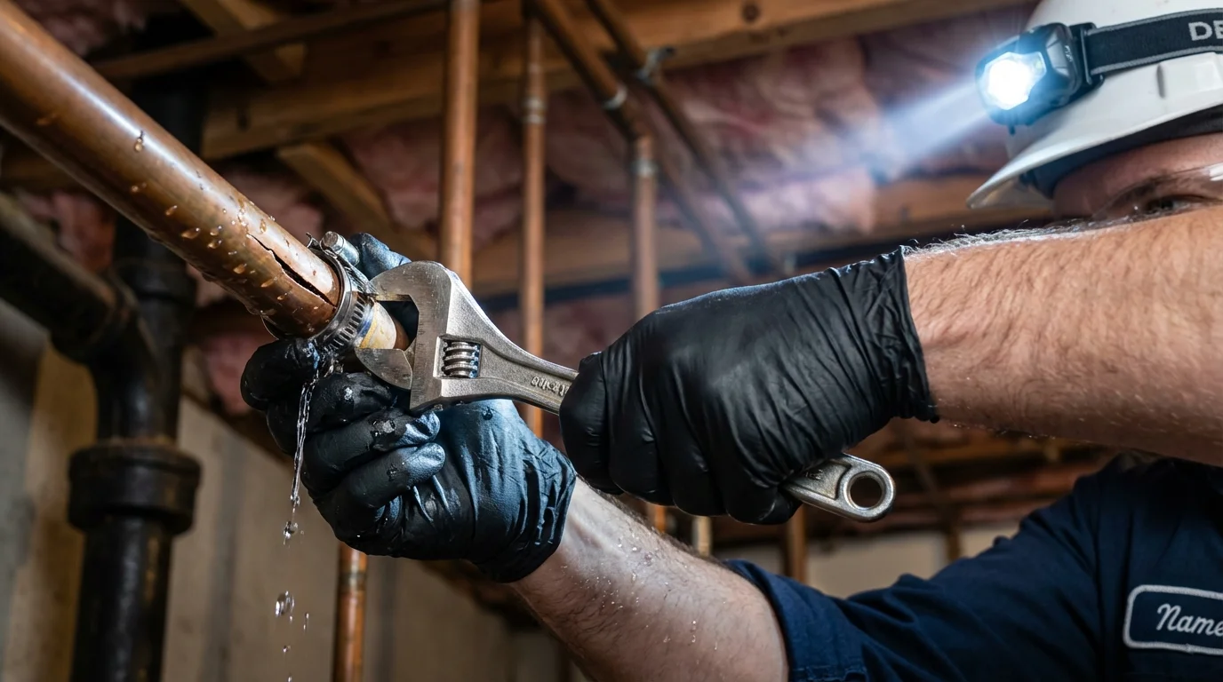 Emergency pipe clamp repair being performed by a Johns Plumbing LLC plumber in Kissee Mills