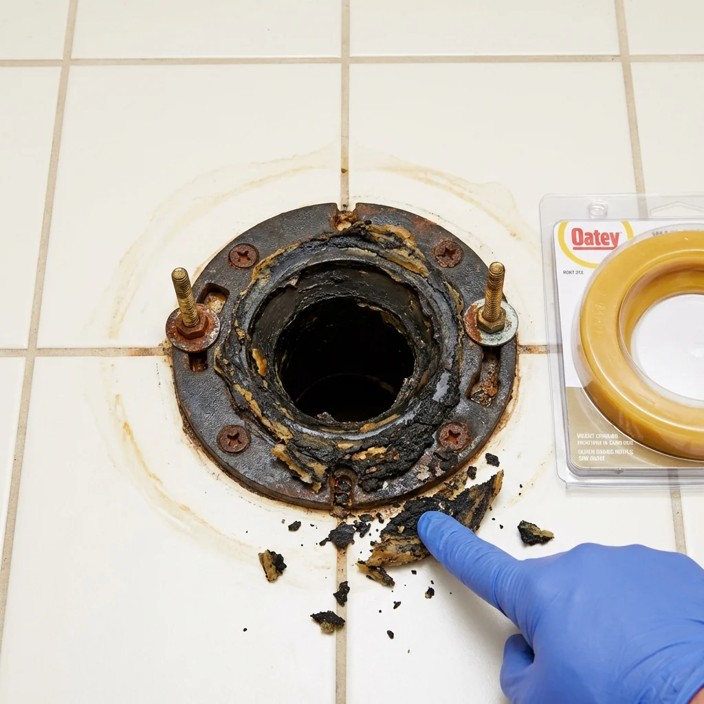 Failed wax ring showing water seepage at the base of a toilet in a Kissee Mills, MO home