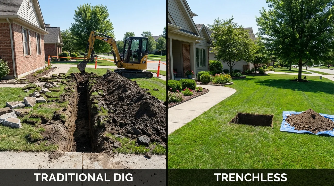 Trenchless sewer repair with minimal yard damage versus traditional excavation in Kissee Mills, MO
