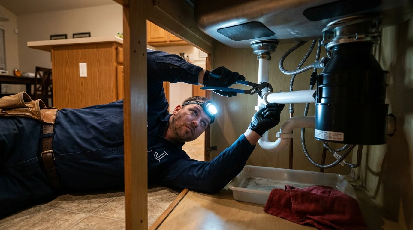 P-trap and supply line connections under a kitchen sink showing a common leak point in Kissee Mills, MO